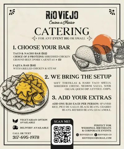 Rio Viejo catering flyer — choose your bar, setup and extras