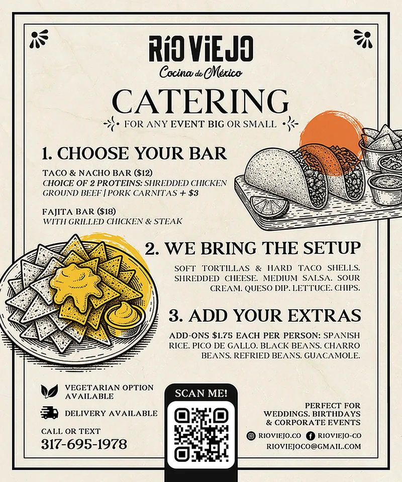 Rio Viejo catering flyer — choose your bar, setup and extras