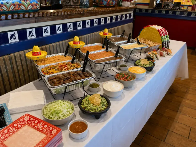 Rio Viejo catering buffet spread with sombreros