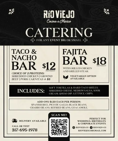 Rio Viejo catering flyer — packages and pricing