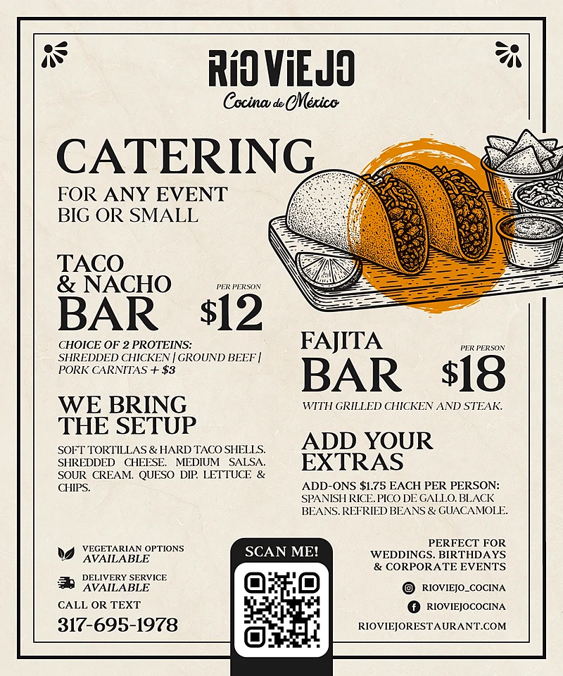 Rio Viejo catering flyer — Taco & Nacho Bar $12 and Fajita Bar $18 per person